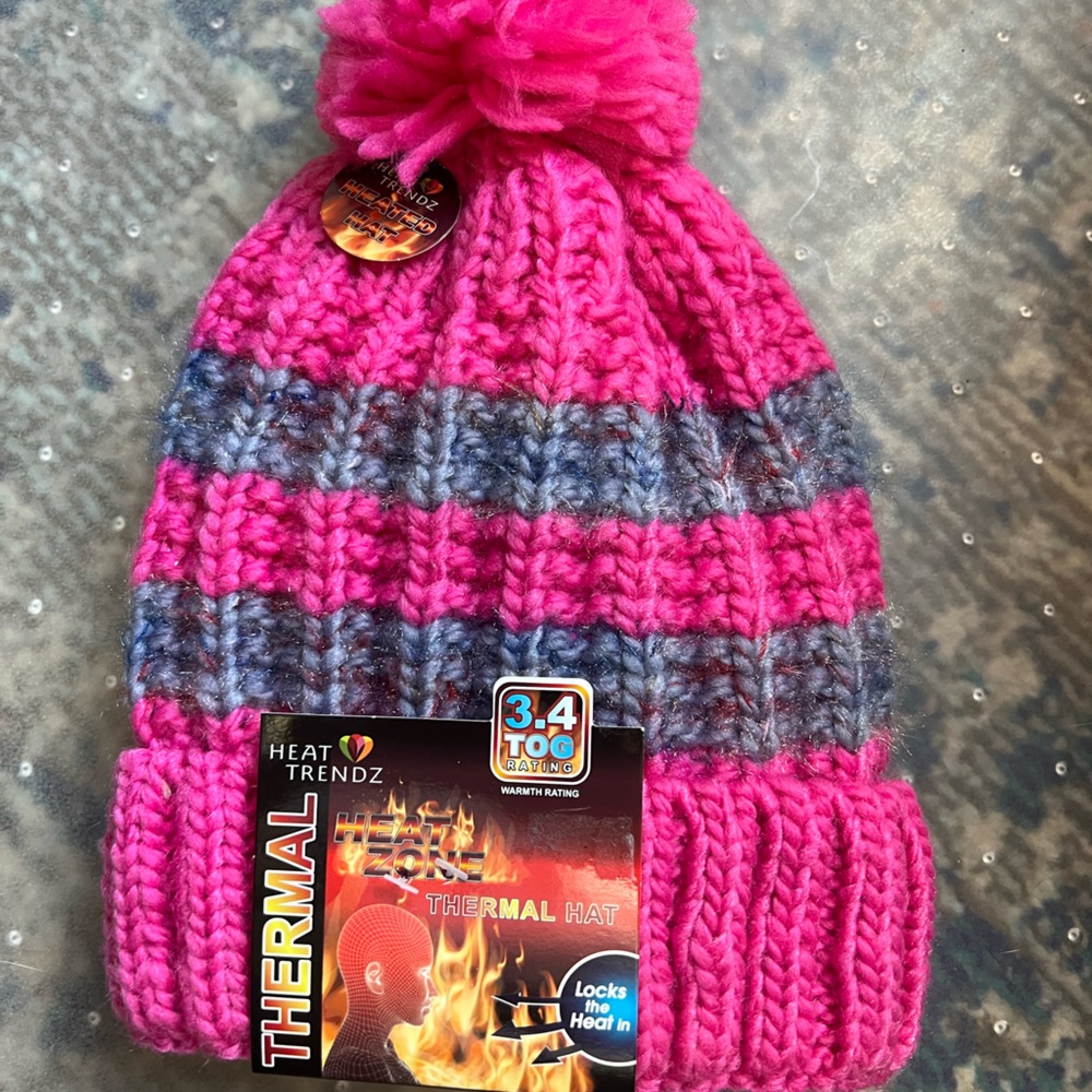 Pink & Grey Stripe Heat Thermal Winter Hat & Matching Gloves Set